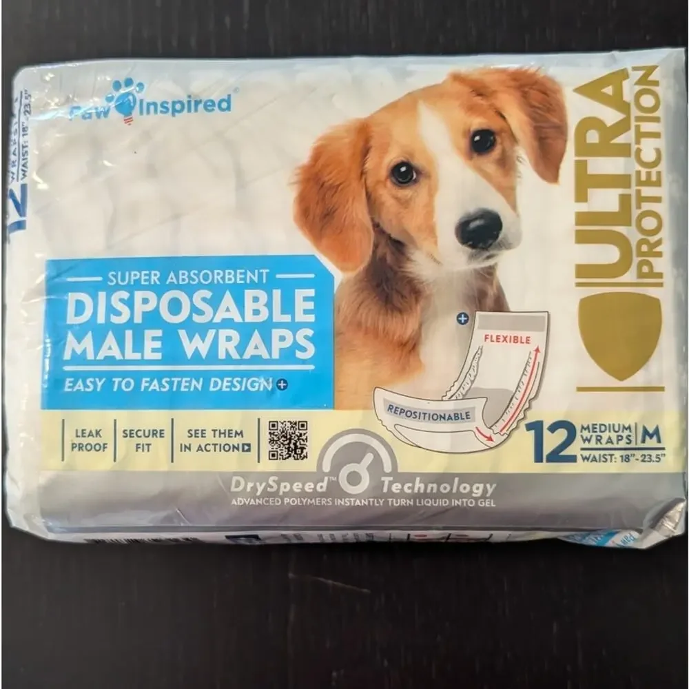 Paw Inspired Male Dog Wraps Medium 12 Count Disposable Diapers New Sealed